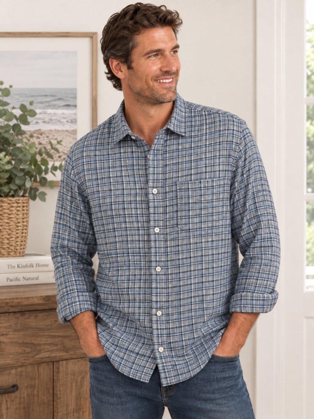 NWT Faherty Sunwashed Chambray Shirt XXL Blue Plaid Supima Cotton